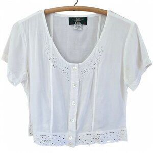 Orvis Womens White Eyelet Lace Button-Up Cropped Blouse Short Sleeves Small